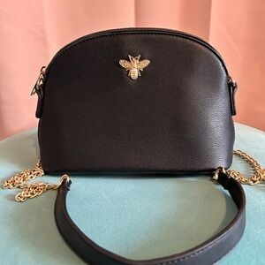 Elegant Black Leather Crossbody Bag with Gold Bee Accent